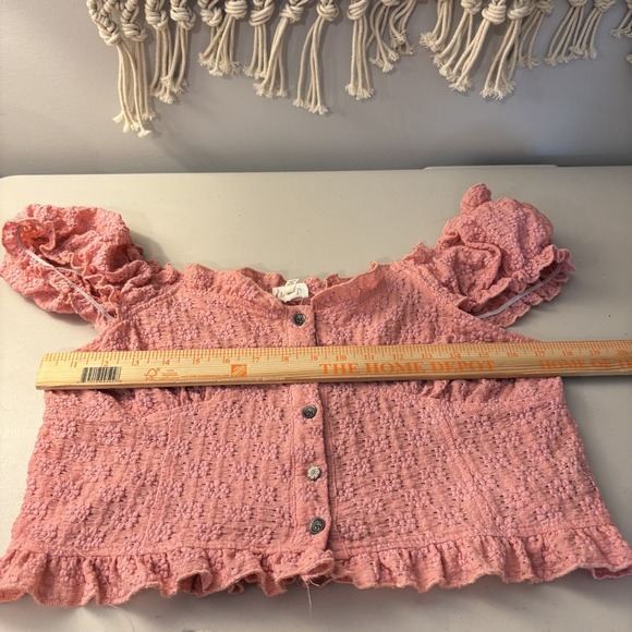 POL Womens Pink‎ Smocked Puff Sleeve Cropped Ruffle Button Top Med Cottagecore - Picture 8 of 10